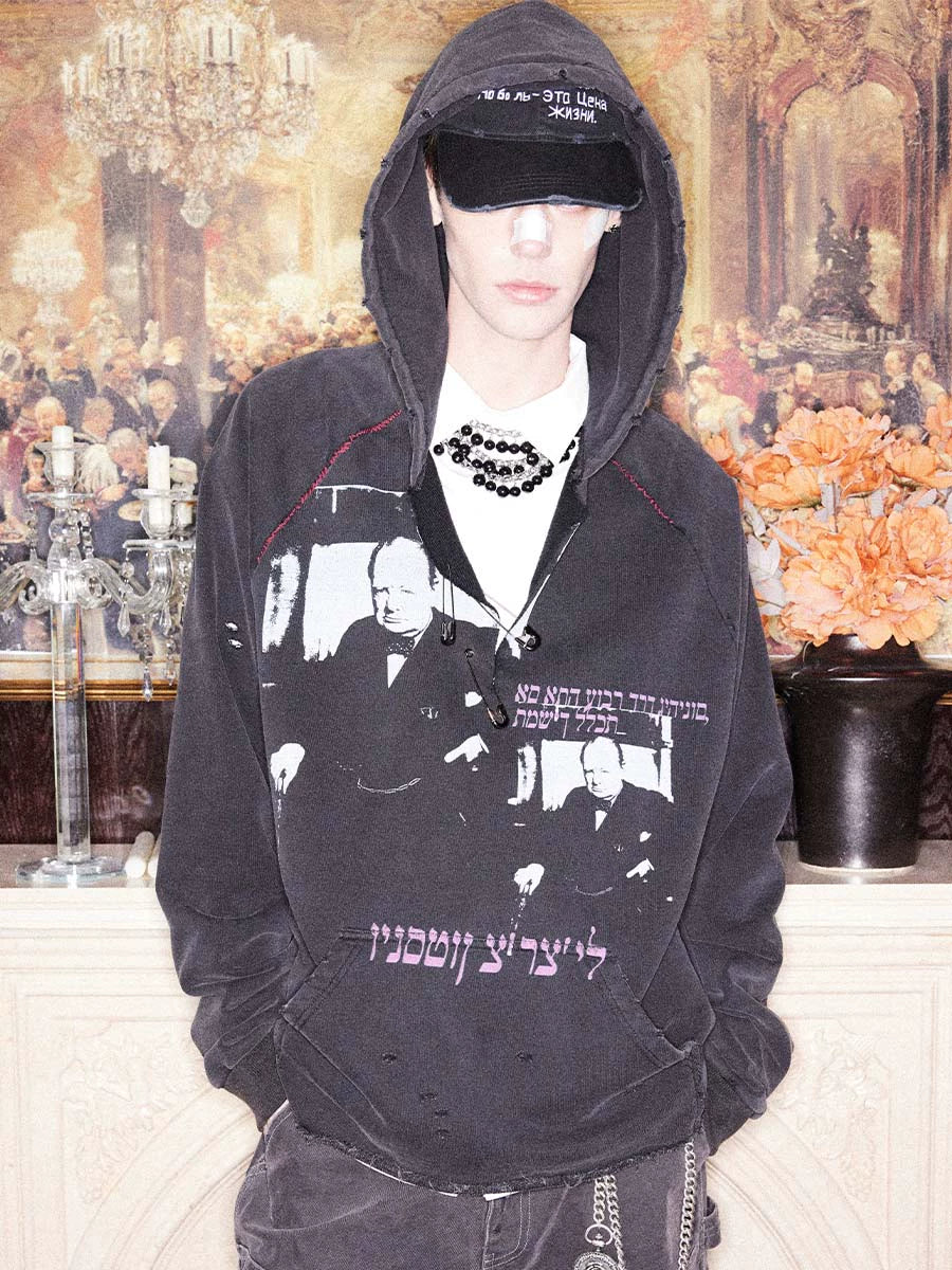 RICHILL MELANCHOLY OPEN-COLLAR PIN CHURCHILL PRINT WASH-SPOILED HOODED SWEATSHIRT