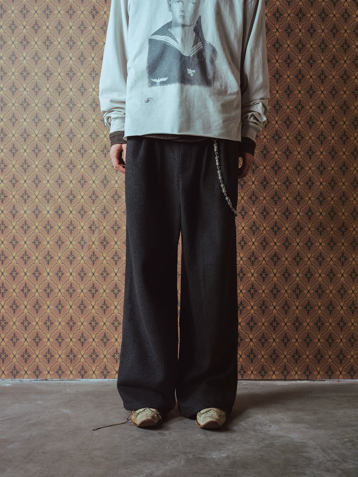 RICHILL MELANCHOLY ディープグレー フリース パッチワーク ルーズストレートパンツ