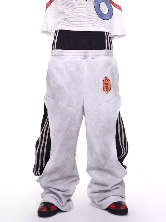 Fourth3ex 25FW Fake Two-Piece Double-Waisted Sweatpants Men's Autumn Three-Bar Stitching Contrasting Wide-Leg Pants