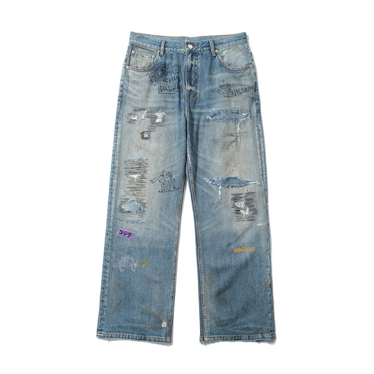 SONGAADON 26SS Random Cord Patch Embroidered Diamond Jeans