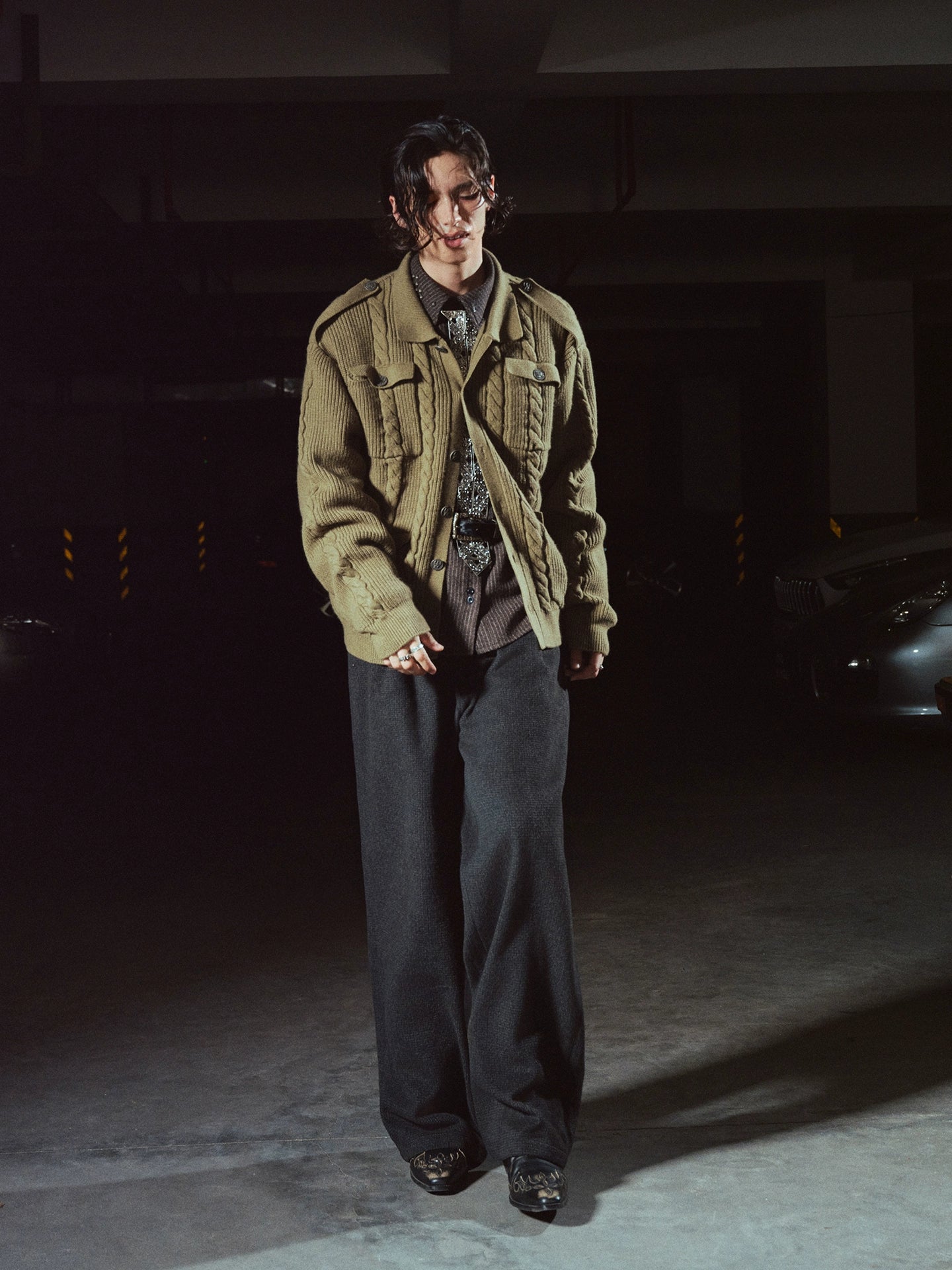 RICHILL MELANCHOLY ディープグレー フリース パッチワーク ルーズストレートパンツ