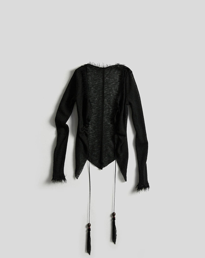 Scorpio No1r "Fringe of Shadow" Beaded Fringed Raw Edge Knit Top Slim Black Strappy Long Sleeve Cardigan