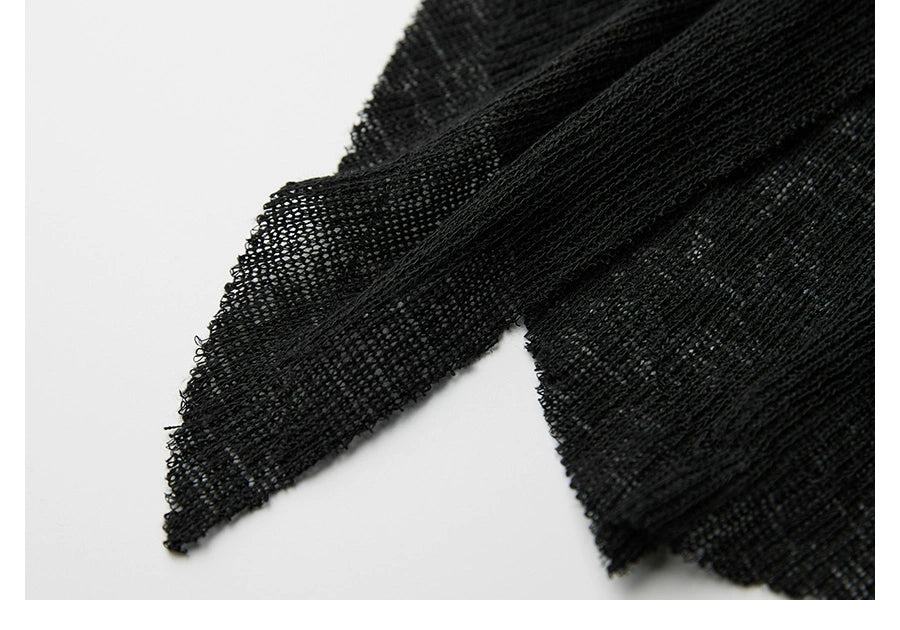 Scorpio No1r "Fringe of Shadow" Beaded Fringed Raw Edge Knit Top Slim Black Strappy Long Sleeve Cardigan