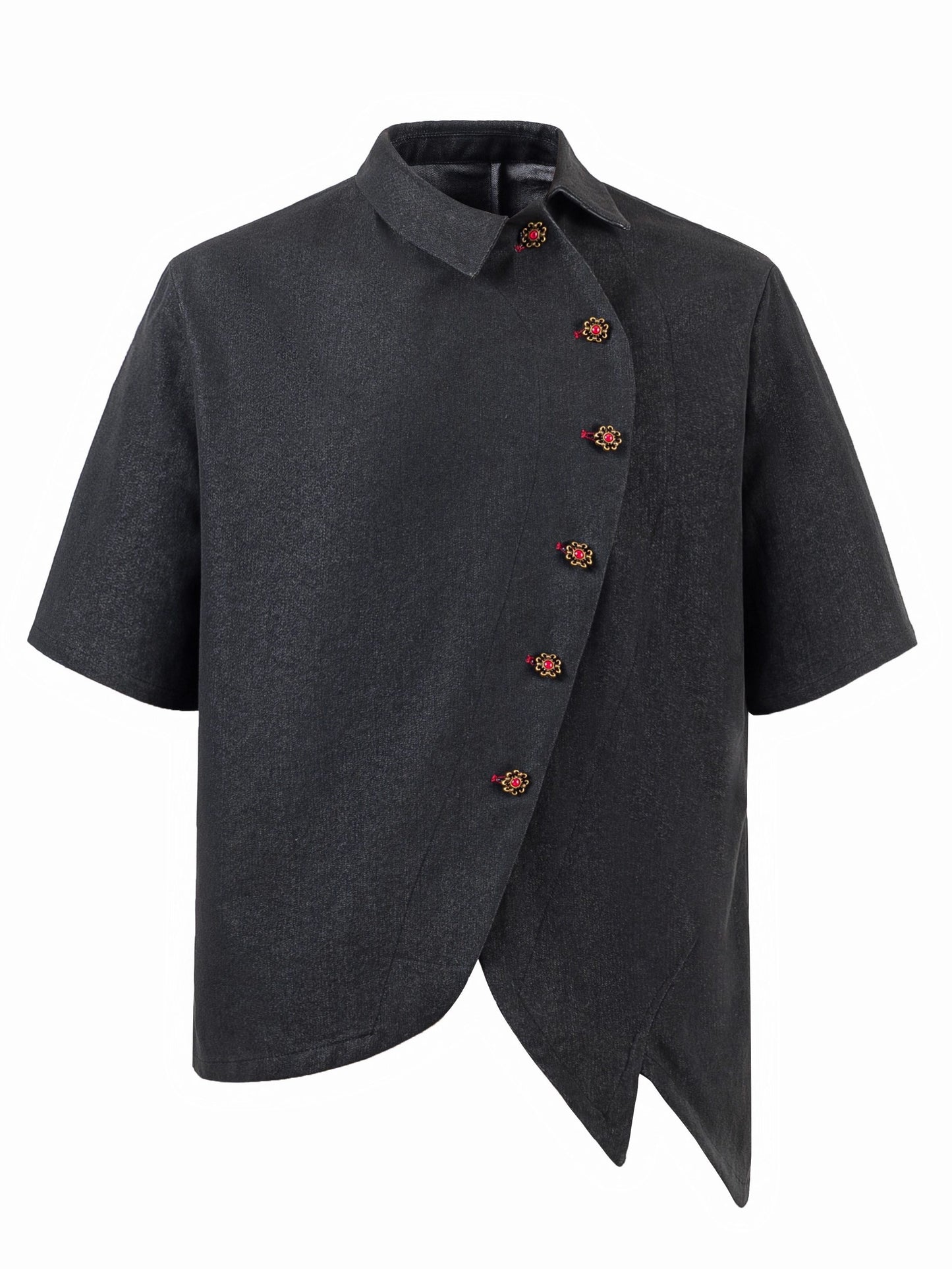 SCORPIONO1R Laguz Deconstructed Asymmetrical Collar Faux Raw Denim Shirt