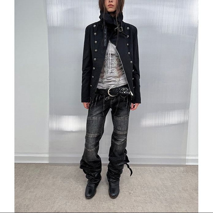 DoublePunch 秋冬 オリジナル ハイカラー ヴィンテージ メタルバックル 防風 パッド入り 厚手 ナポレオンジャケット