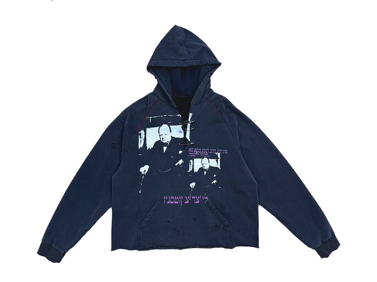 RICHILL メランコリー オープンカラー ピン チャーチル プリント ウォッシュスポイルド フード付きスウェットシャツ