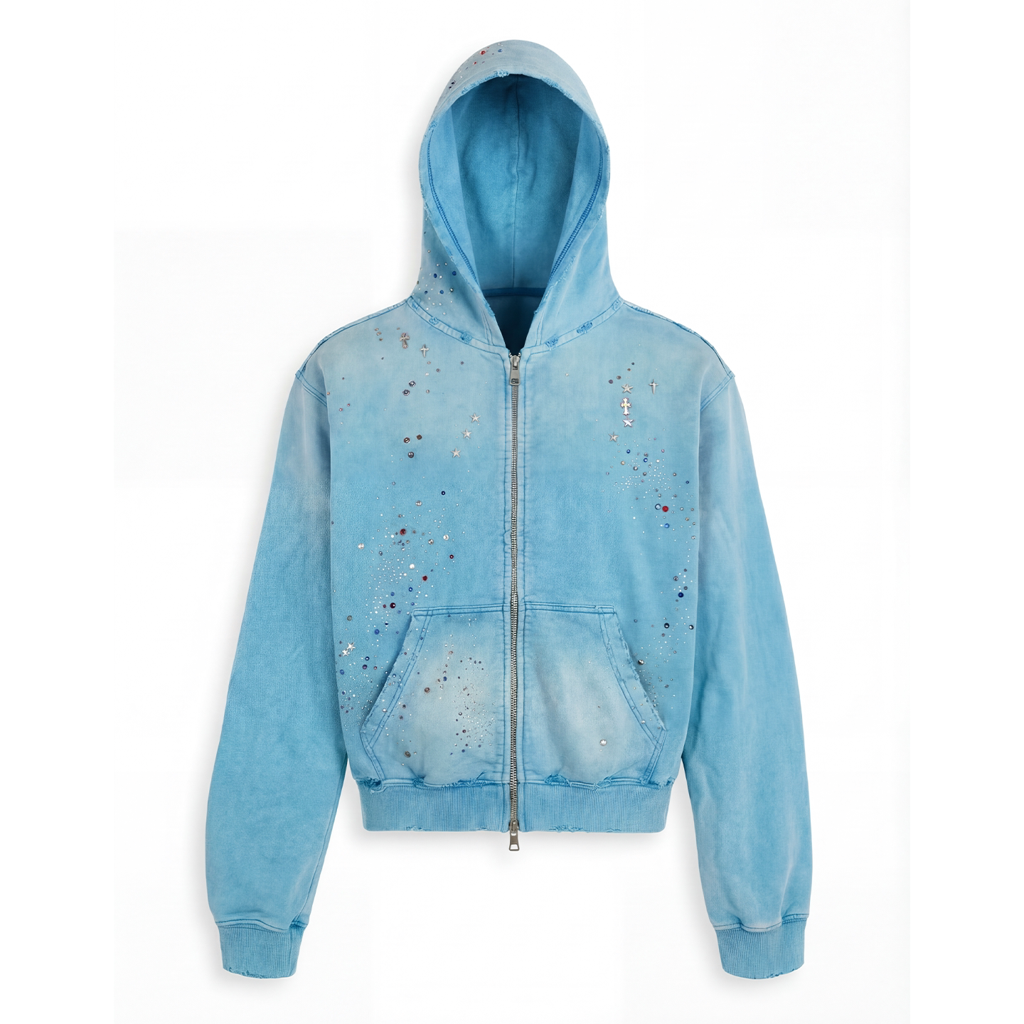 DND4DES Aged Hooded Sweatshirt Gypsophila Hot Diamond Slim Zip Jacket Fall 2024 Cotton Wash Trend