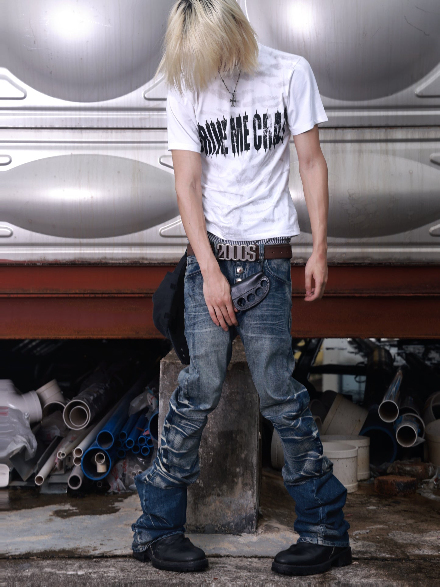 Scorpio No1r  ice blue crack washed three-dimensional cat whisker cutlass fit mist blue jeans