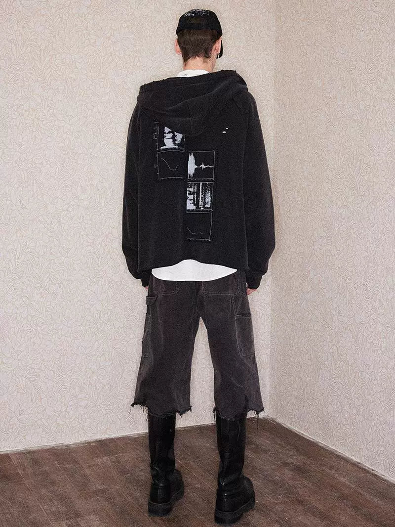 RICHILL メランコリー オープンカラー ピン チャーチル プリント ウォッシュスポイルド フード付きスウェットシャツ