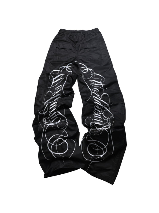 GMK X PVN WWIII Nylon floral embroidery black drawstring extra-long wide-leg baggy pants