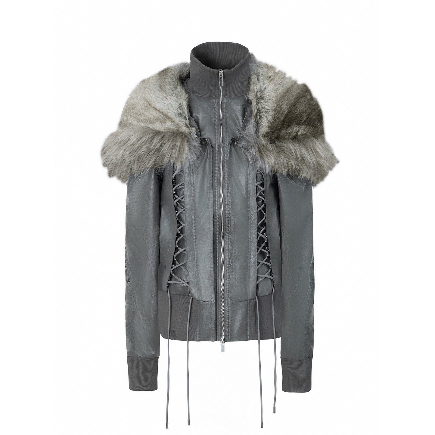 DoublePunch Fall/Winter Original "Northern Night Patrol" strap-on eco-friendly fur shawl parka cropped jacket