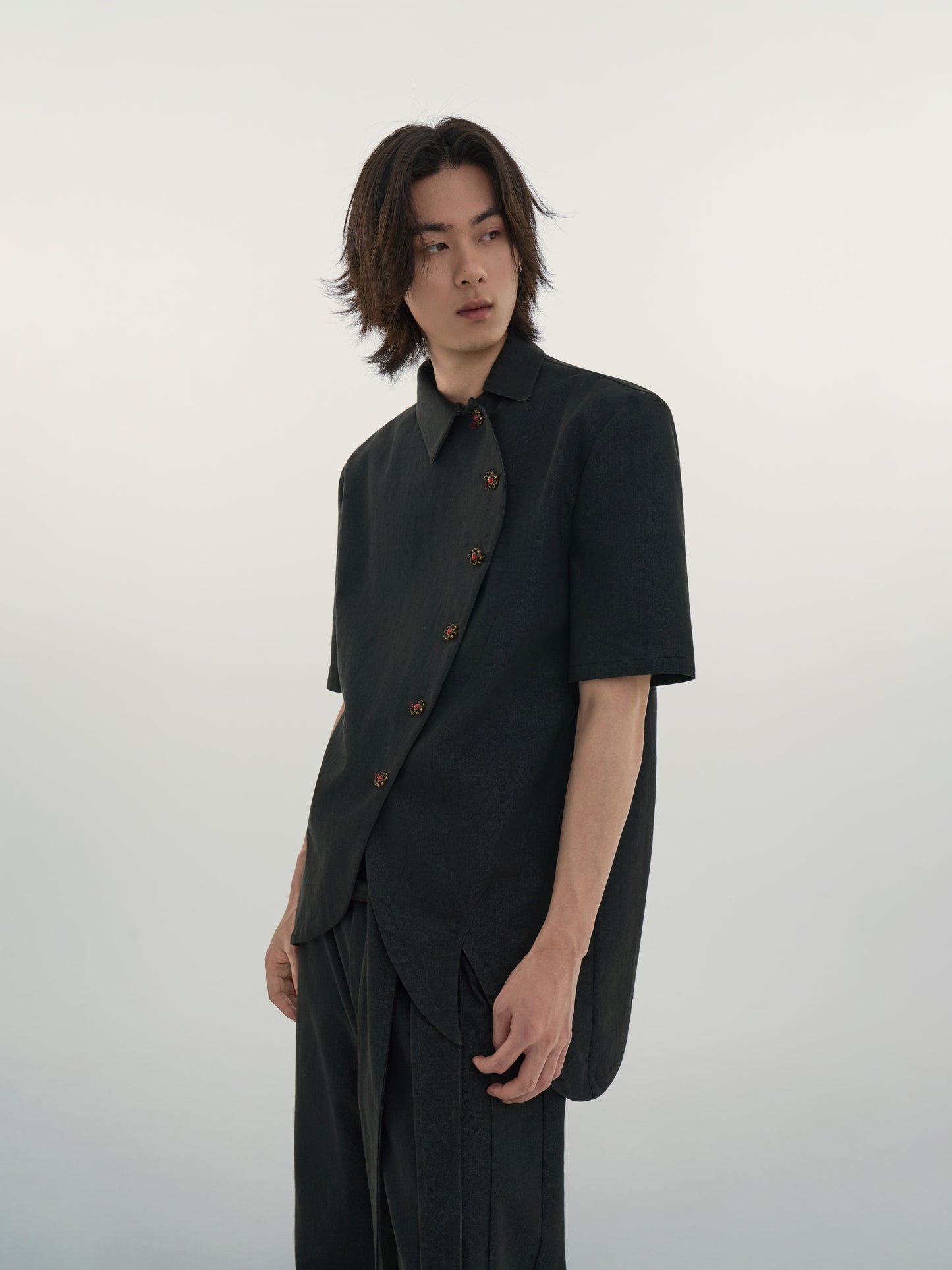 SCORPIONO1R Laguz Deconstructed Asymmetrical Collar Faux Raw Denim Shirt