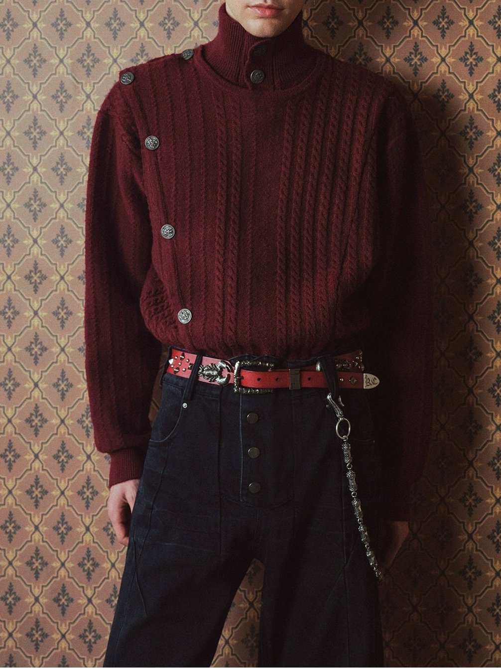 RICHILL MELANCHOLY Burgundy Metal Buckle Flap Cable Pullover Fencing Turtleneck