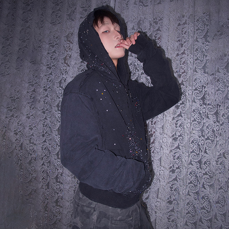 DND4DES Aged Hooded Sweatshirt Gypsophila Hot Diamond Slim Zip Jacket Fall 2024 Cotton Wash Trend