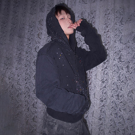 DND4DES Aged Hooded Sweatshirt Gypsophila Hot Diamond Slim Zip Jacket Fall 2024 Cotton Wash Trend