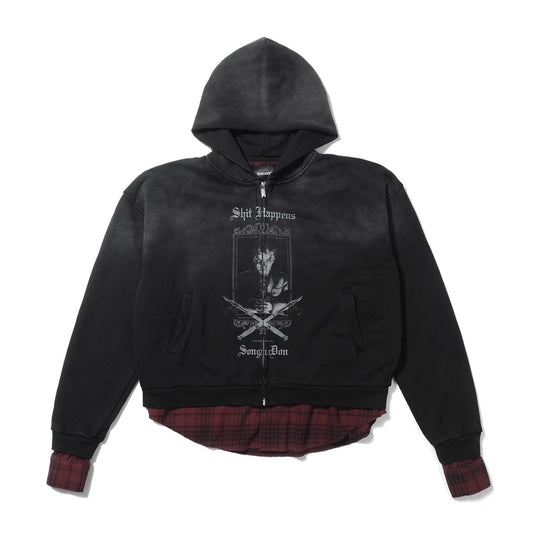 SONGAADON 25FW Double Fabric Fake Two Piece Washed Print Hoodie