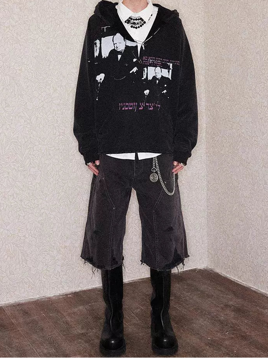 RICHILL メランコリー オープンカラー ピン チャーチル プリント ウォッシュスポイルド フード付きスウェットシャツ