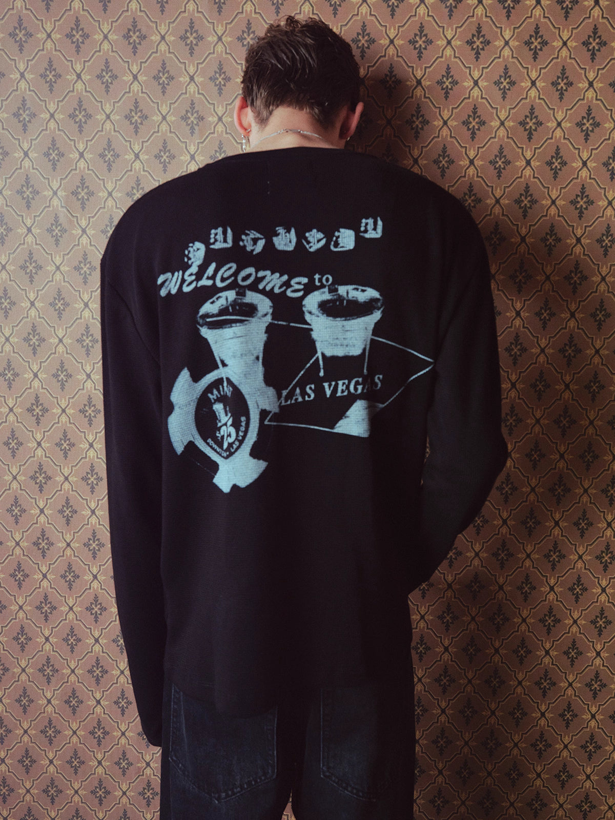 RICHILL MELANCHOLY Texas-themed printed waffle Henry collar long sleeves