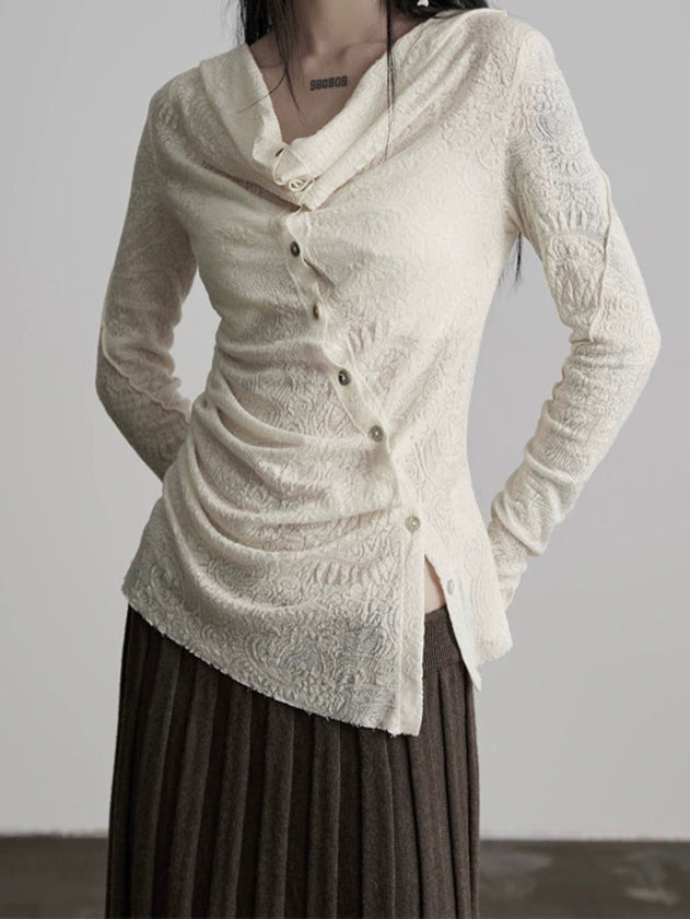 Scorpio No1r "The Misaligned" Wool Jacquard Diagonal Buckle Asymmetrical Stacked Collar Knitted White Top