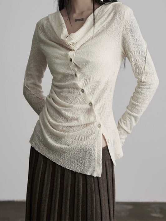 Scorpio No1r "The Misaligned" Wool Jacquard Diagonal Buckle Asymmetrical Stacked Collar Knitted White Top