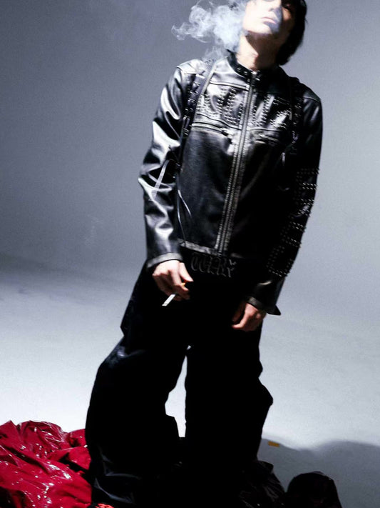 GMK X PVN WWIII Nylon floral embroidery black drawstring extra-long wide-leg baggy pants