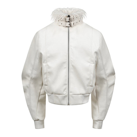 REBEL WAVE white devil fur collar leather jacket