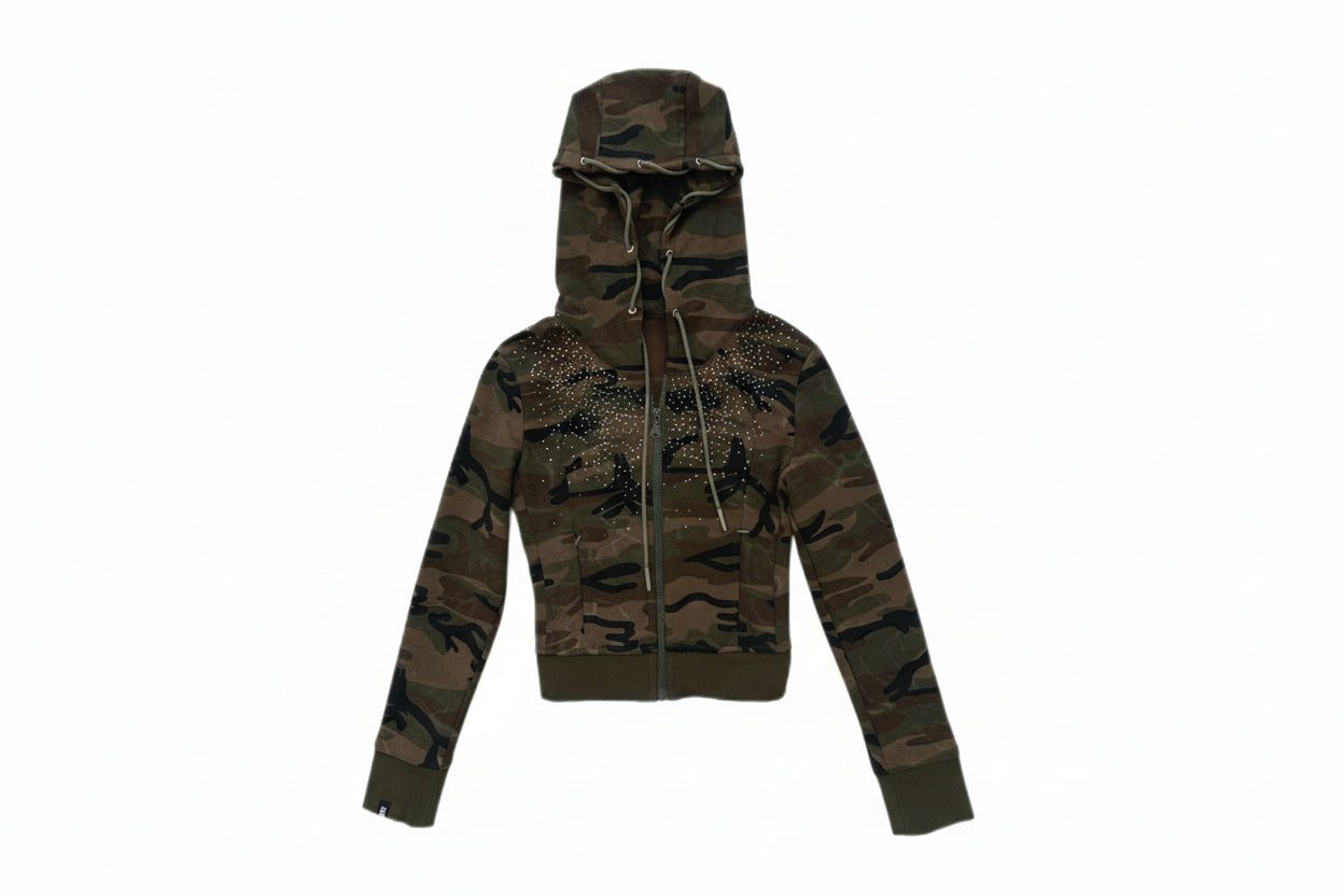 Scorpio No1r Camo Rhinestone Hooded Long Sleeve Jacket Bikini Flare Pants Set