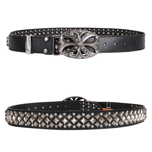 Vintage punk style rhinestone cowhide belt Unisex studded metal belt