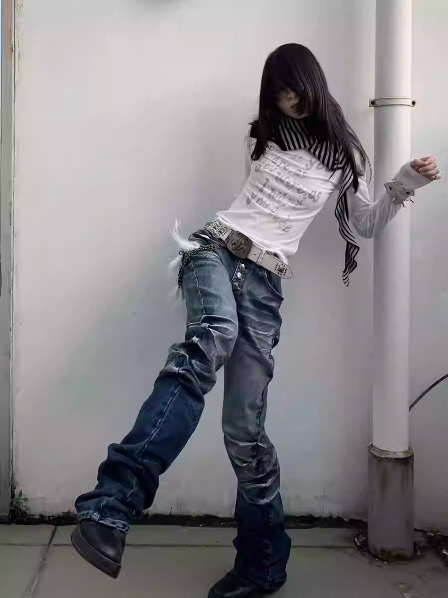 Scorpio No1r  ice blue crack washed three-dimensional cat whisker cutlass fit mist blue jeans