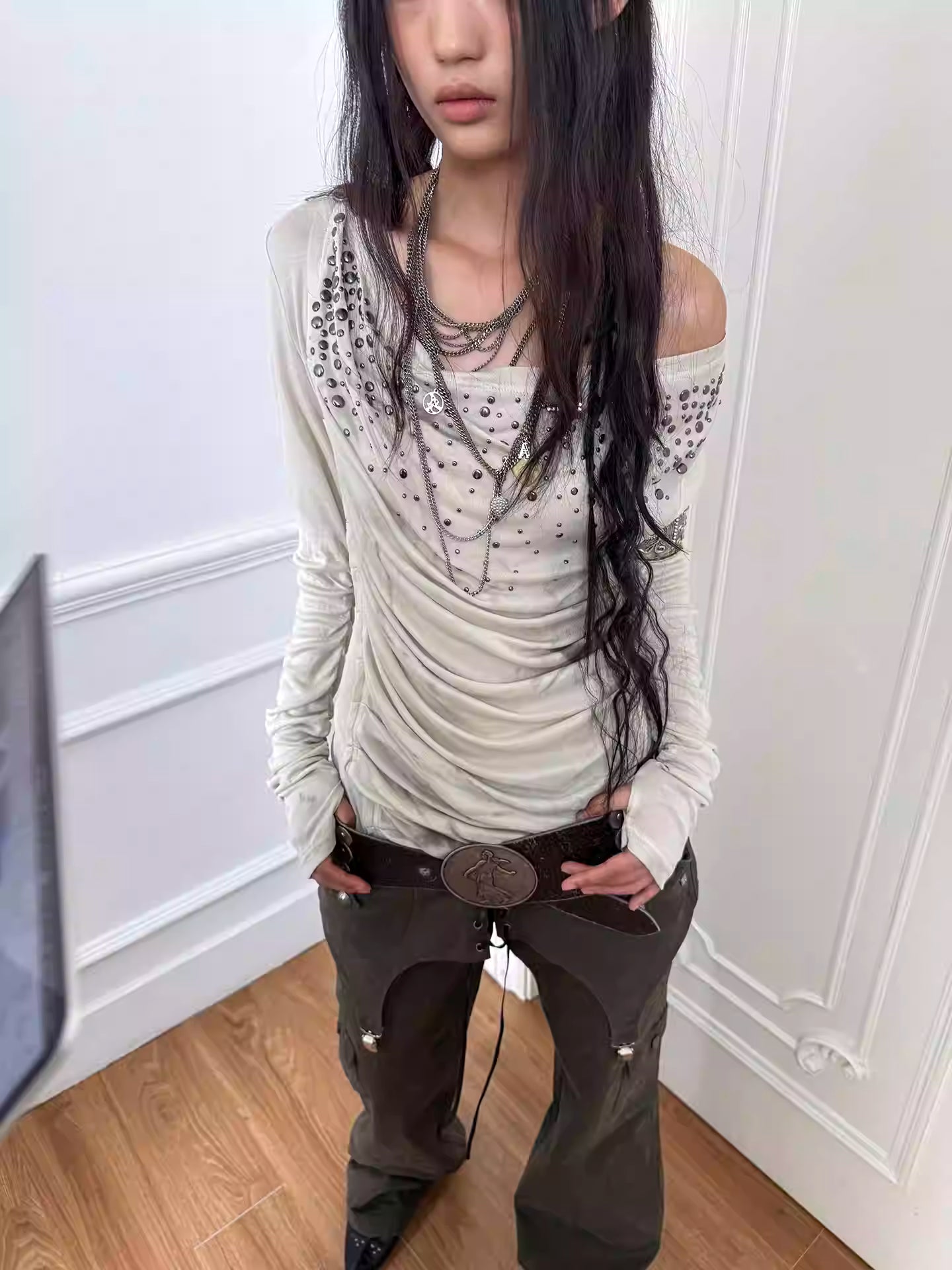 DoublePunch Pre-Fall Original Swing Collar Slanted Shoulder Multi-Wear French Hot Diamond Vintage Print Base Top