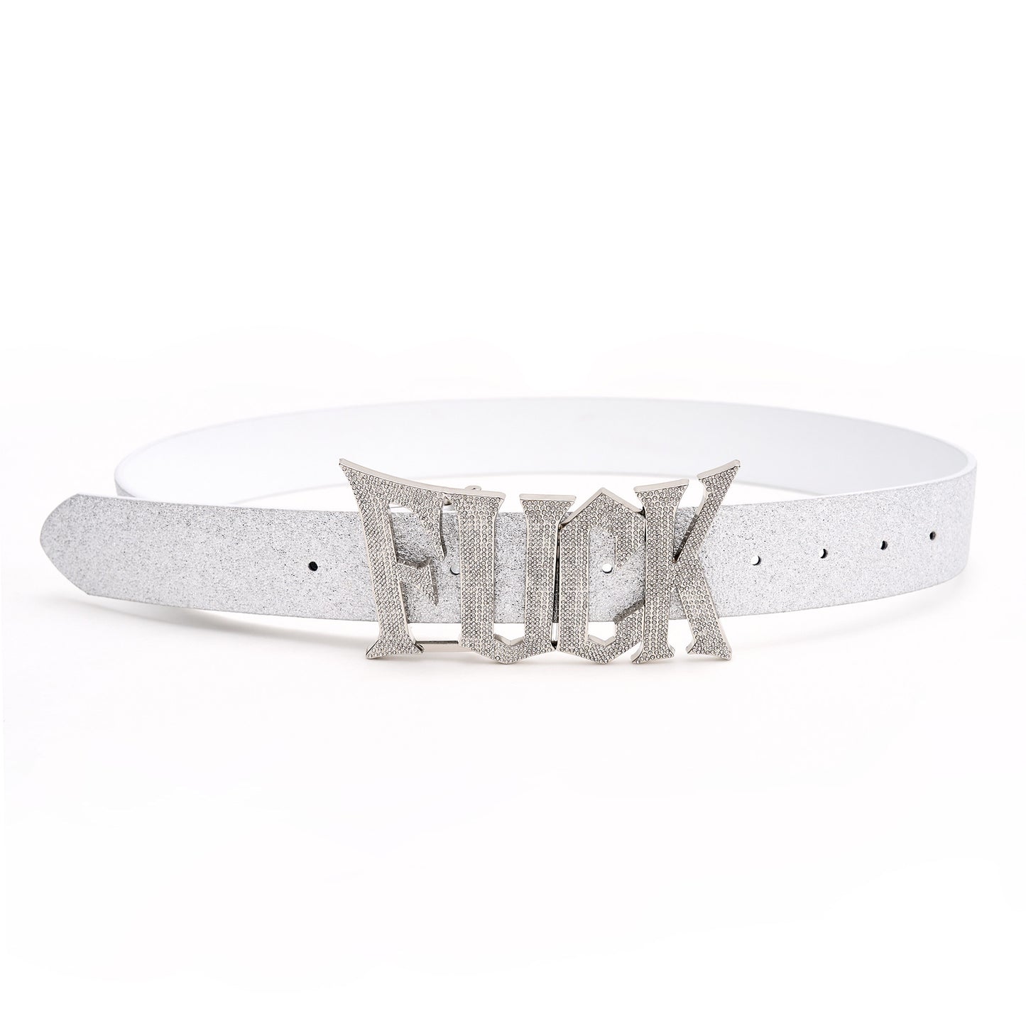 Fourth3ex FUCK full diamond bright silver genuine leather belt men's and women's punk hip-hop logo metal buckle belt