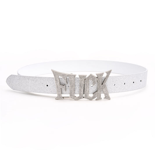 Fourth3ex FUCK full diamond bright silver genuine leather belt men's and women's punk hip-hop logo metal buckle belt