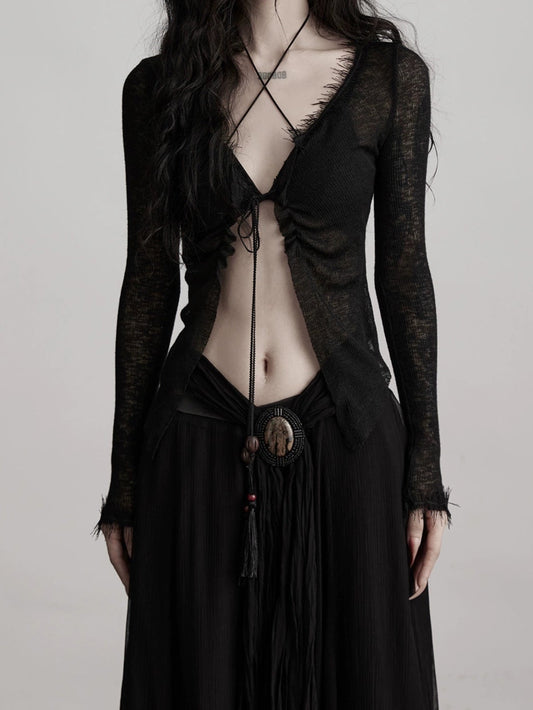 Scorpio No1r "Fringe of Shadow" Beaded Fringed Raw Edge Knit Top Slim Black Strappy Long Sleeve Cardigan