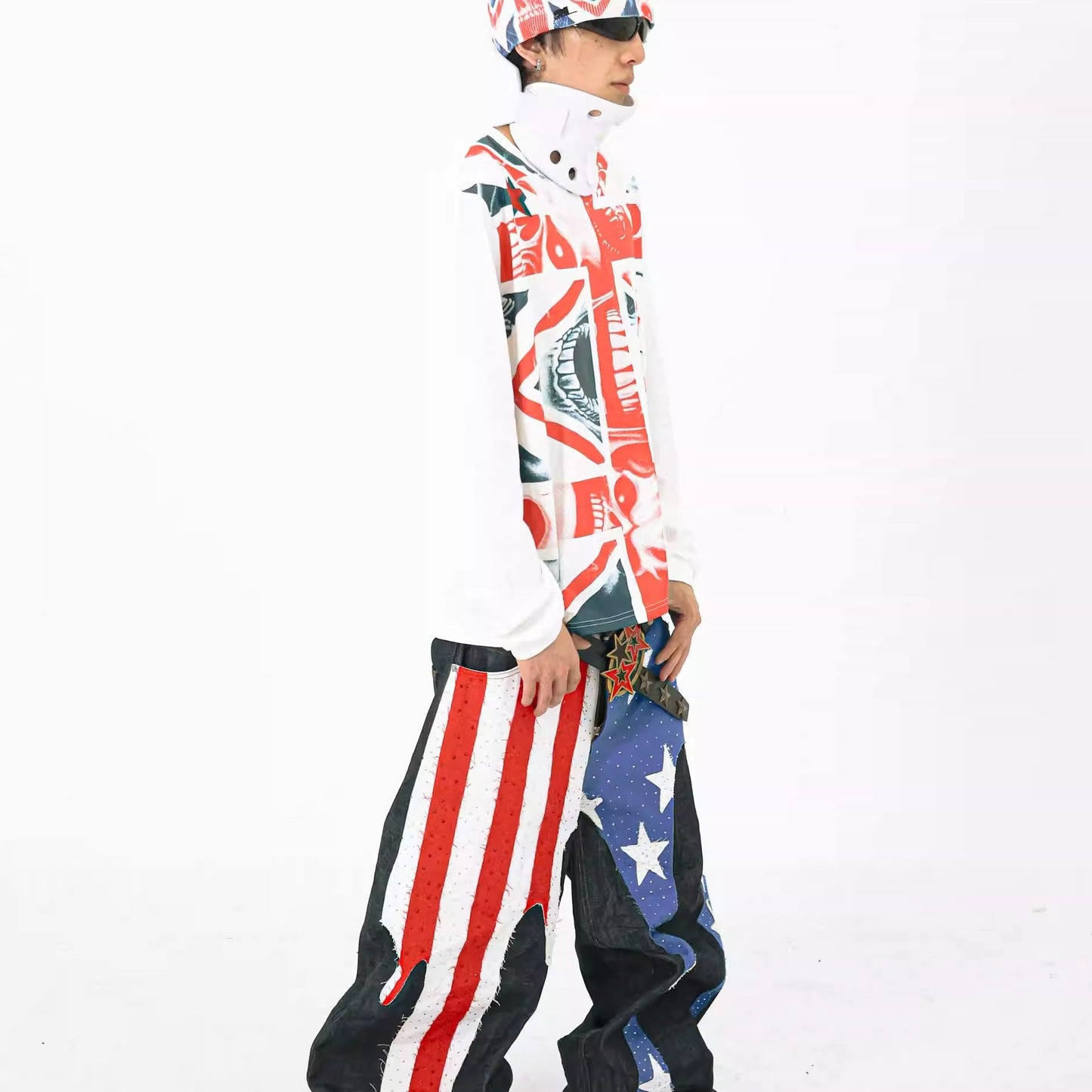 SANSLAWS striped pleated hot diamond veneer jeans