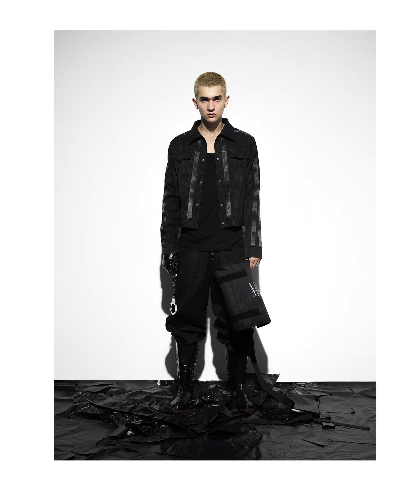 Scorpio No1r  Silver black PU leather jacket silhouette short and wide design prisoner bird series youth pop polo collar leather jacket