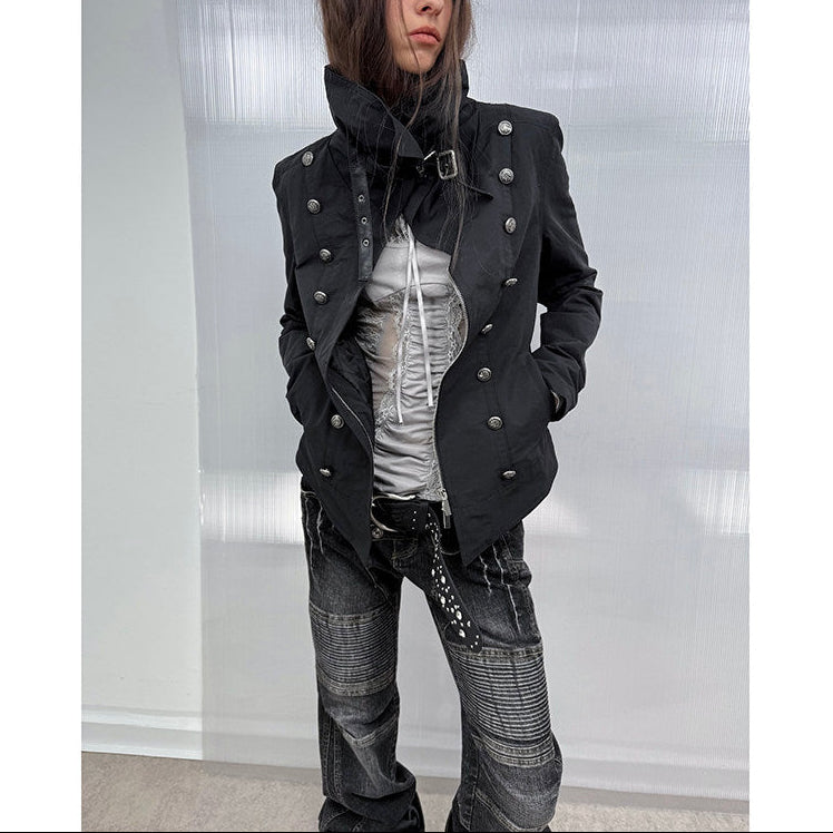 DoublePunch 秋冬 オリジナル ハイカラー ヴィンテージ メタルバックル 防風 パッド入り 厚手 ナポレオンジャケット