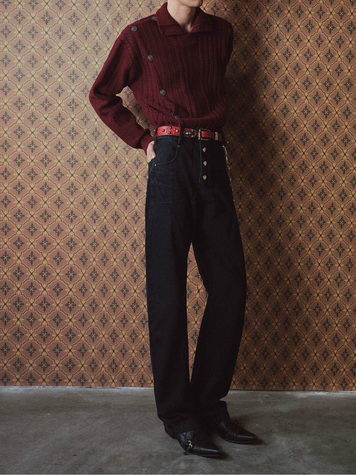 RICHILL MELANCHOLY Burgundy Metal Buckle Flap Cable Pullover Fencing Turtleneck