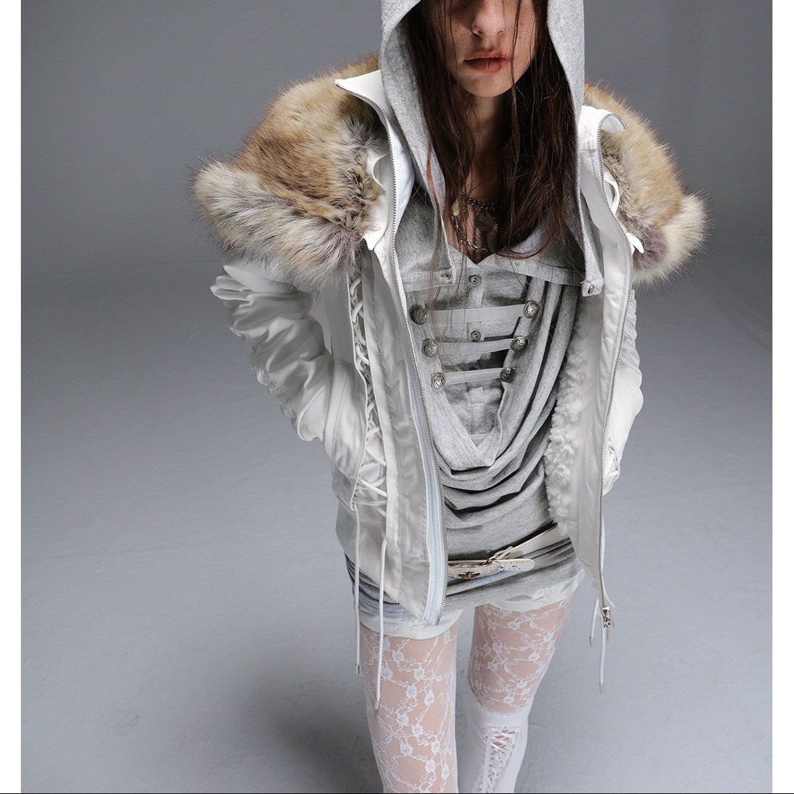 DoublePunch Fall/Winter Original "Northern Night Patrol" strap-on eco-friendly fur shawl parka cropped jacket