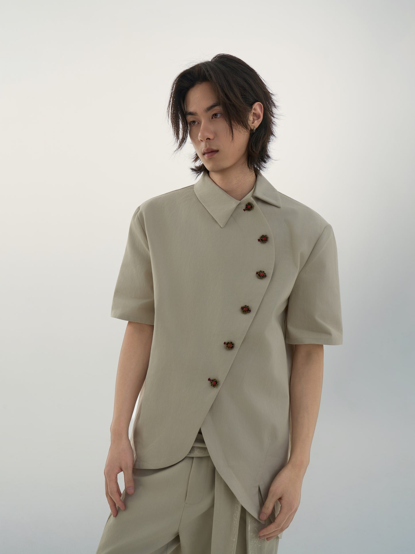 SCORPIONO1R Laguz Deconstructed Asymmetrical Collar Faux Raw Denim Shirt