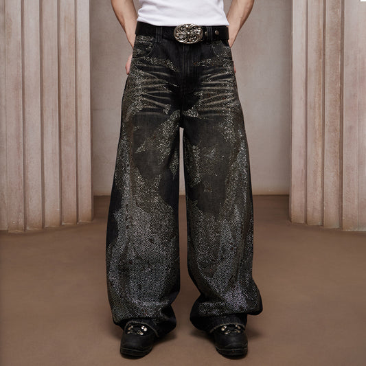 DND4DES American heavy industry washed and stained gypsophila peresophila heterochromatic rhinestone straight jeans design