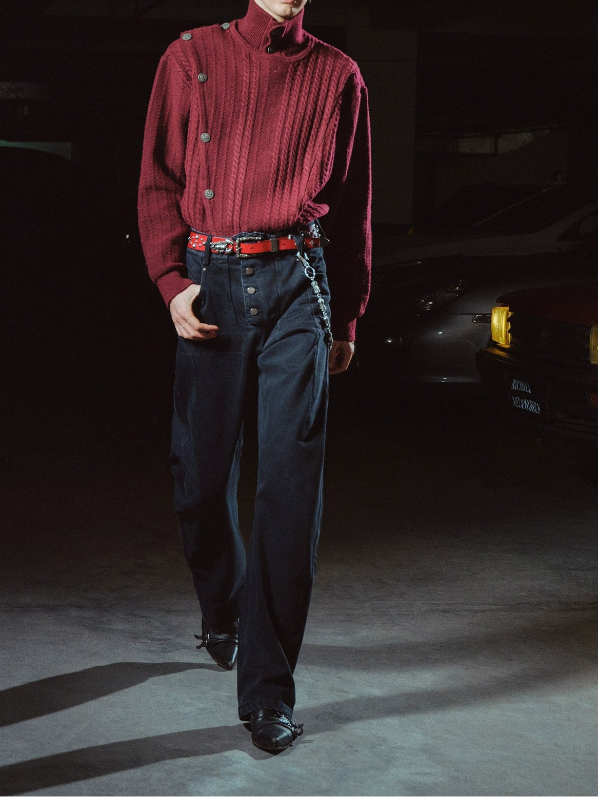 RICHILL MELANCHOLY Burgundy Metal Buckle Flap Cable Pullover Fencing Turtleneck