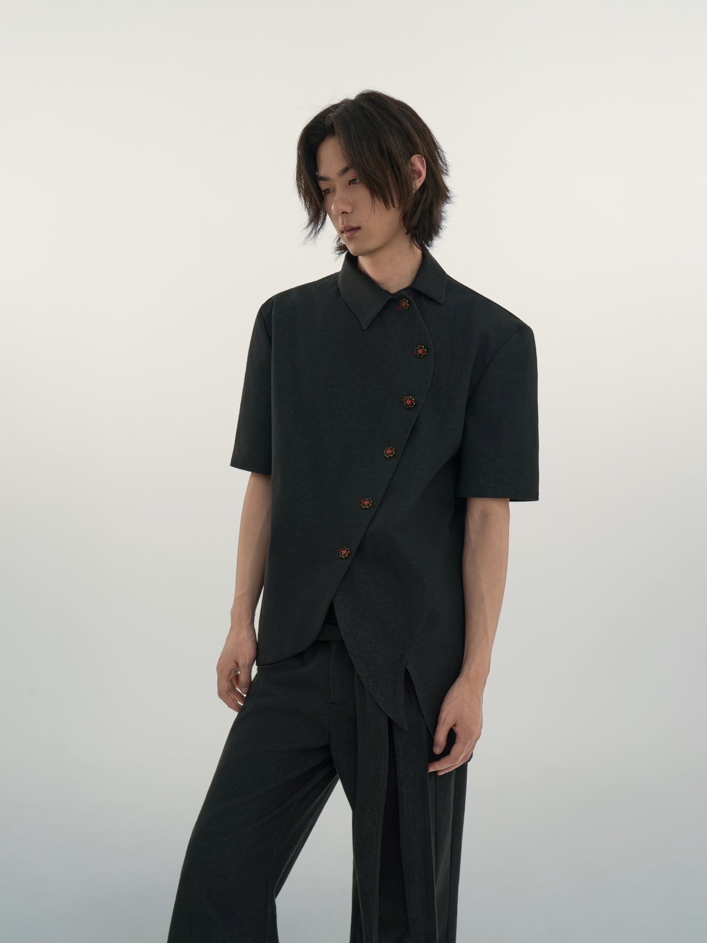 SCORPIONO1R Laguz Deconstructed Asymmetrical Collar Faux Raw Denim Shirt