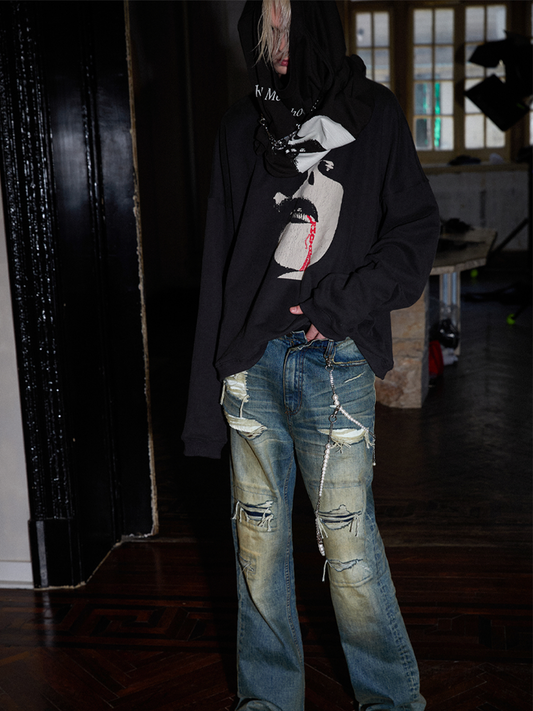 RICHILL MELANCHOLY  BLEEDING WOMAN CRACKED PRINT WASHED FLEECE CREWNECK SWEATSHIRT