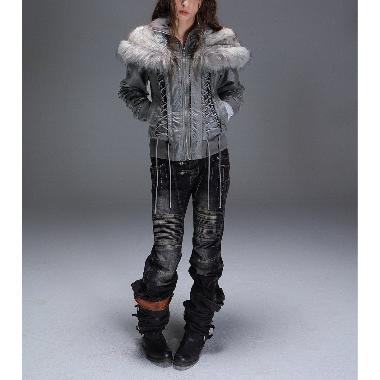DoublePunch Fall/Winter Original "Northern Night Patrol" strap-on eco-friendly fur shawl parka cropped jacket