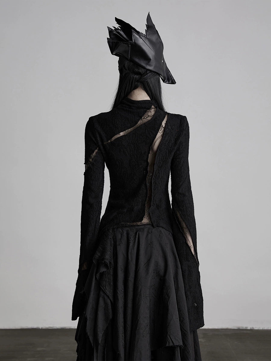 Scorpio No1r "Veiled Thorn" Lace Embroidery Dark Black Semi-Turtleneck Wool Base Shirt Women's Autumn And Winter Irregular Outer Tops