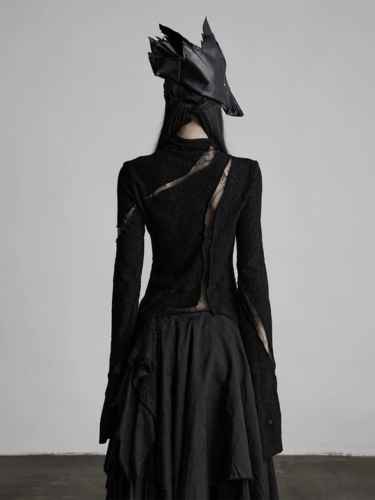 Scorpio No1r "Veiled Thorn" Lace Embroidery Dark Black Semi-Turtleneck Wool Base Shirt Women's Autumn And Winter Irregular Outer Tops