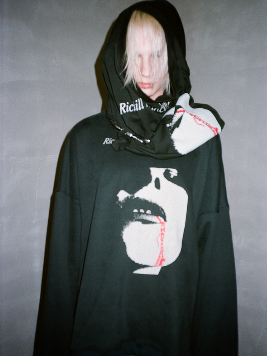 RICHILL MELANCHOLY  BLEEDING WOMAN CRACKED PRINT WASHED FLEECE CREWNECK SWEATSHIRT