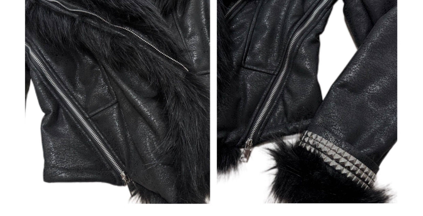 Scorpio No1r Cracked Silver Print Rivet Asymmetric Fur Collar Fleece Lined Coat