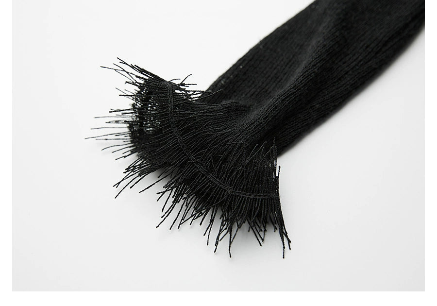 Scorpio No1r "Fringe of Shadow" Beaded Fringed Raw Edge Knit Top Slim Black Strappy Long Sleeve Cardigan