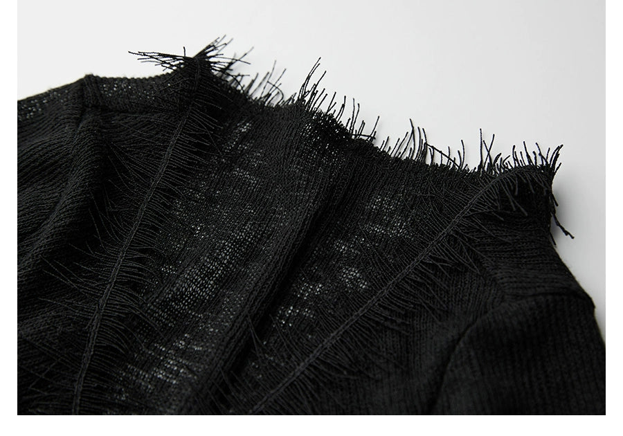 Scorpio No1r "Fringe of Shadow" Beaded Fringed Raw Edge Knit Top Slim Black Strappy Long Sleeve Cardigan